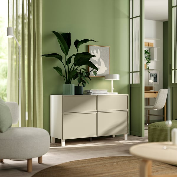 BESTÅ Vitrina, Krukmakare beige/Stubbarp blanco, 120x42x74 cm