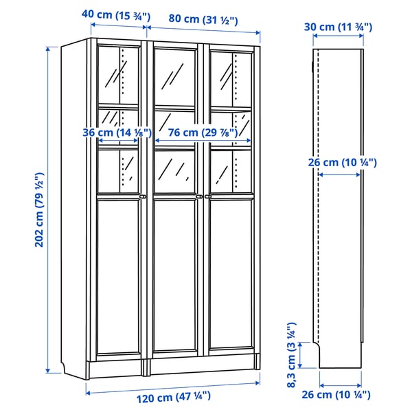 BILLY / OXBERG Estante con puerta panel/vidrio, blanco/vidrio, 120x30x202 cm