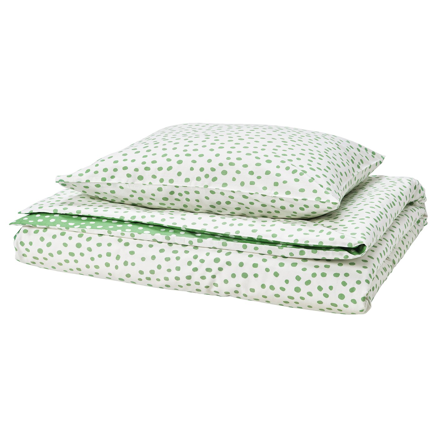 BJÖRKGRÅMAL Funda plumón con funda almohada, verde blanco/lunares, 150x200/50x60 cm
