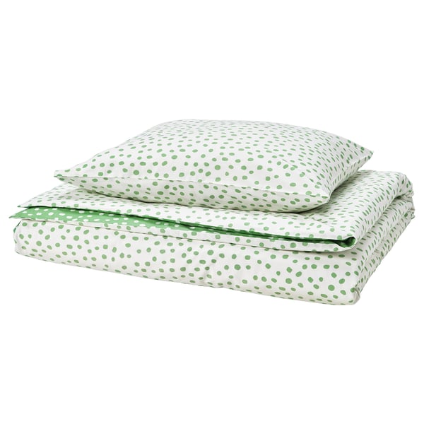 BJÖRKGRÅMAL Funda plumón con funda almohada, verde blanco/lunares, 150x200/50x60 cm
