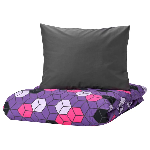 BLÅSKATA Funda plumón con funda almohada, morado/negro con diseño, 150x200/50x60 cm