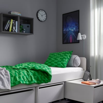 BLÅSKATA Funda plumón con funda almohada, verde/con diseño, 150x200/50x60 cm