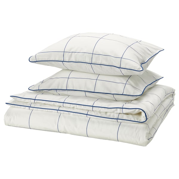 BREDVECKLARE Funda plumón con 2 fundas almohada, blanco azul/a cuadros, 240x220/50x60 cm