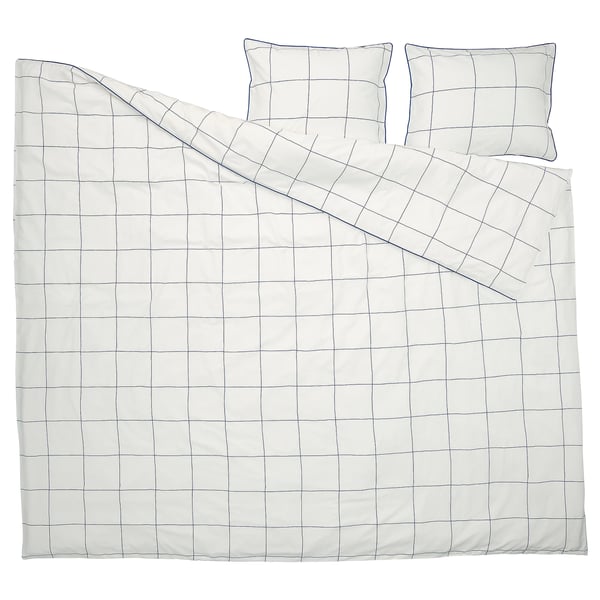 BREDVECKLARE Funda plumón con 2 fundas almohada, blanco azul/a cuadros, 240x220/50x60 cm