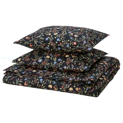 BRUDKRUSBÄR Funda plumón con 2 fundas almohada, negro multicolor/flores, 240x220/50x60 cm