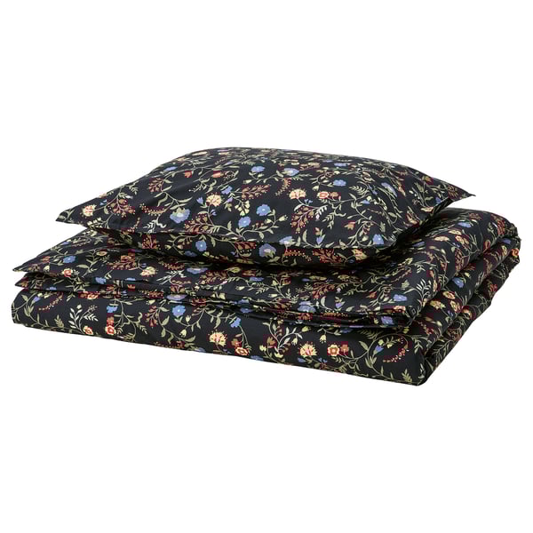 BRUDKRUSBÄR Funda plumón con funda almohada, negro multicolor/flores, 150x200/50x60 cm