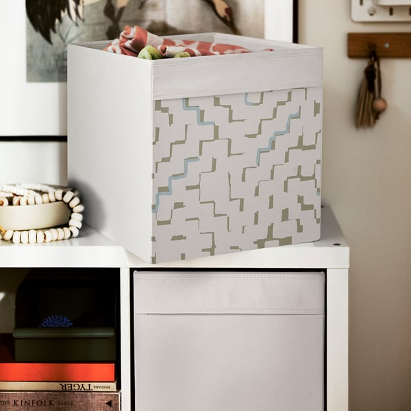 DRÖNA Caja, beige/con diseño turquesa, 33x38x33 cm