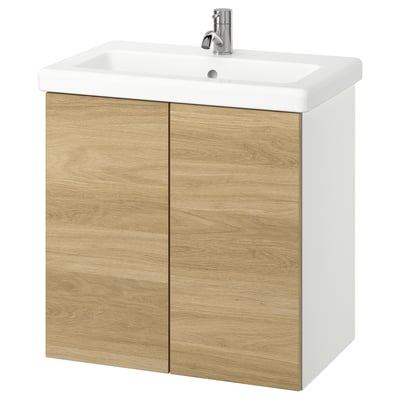 ENHET / TVÄLLEN Mueble con puertas lavamanos/grifo, blanco/efecto roble, 64x43x65 cm