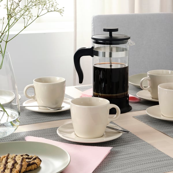 FÄRGKLAR Taza con plato, brillante beige, 25 cl