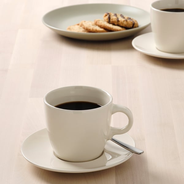 FÄRGKLAR Taza con plato, brillante beige, 25 cl