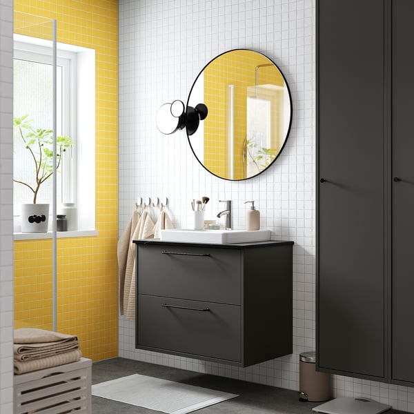 HAVBÄCK / ORRSJÖN Mueble con cajones lavamanos/grifo, Gris oscuro/negro efecto mármol, 82x49x71 cm