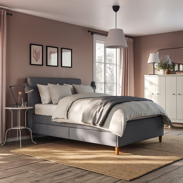 IDANÄS Cama tapizada, con almacenaje, Gunnared Gris oscuro, 140x200 cm