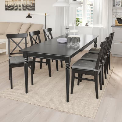 INGATORP / INGOLF Juego de comedor 6 sillas, negro/café oscuro, 155/215 cm