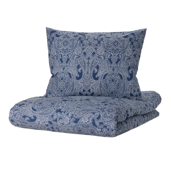 JÄTTEVALLMO Funda plumón con funda almohada, azul oscuro/blanco, 150x200/50x60 cm