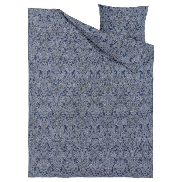 JÄTTEVALLMO Funda plumón con funda almohada, azul oscuro/blanco, 150x200/50x60 cm