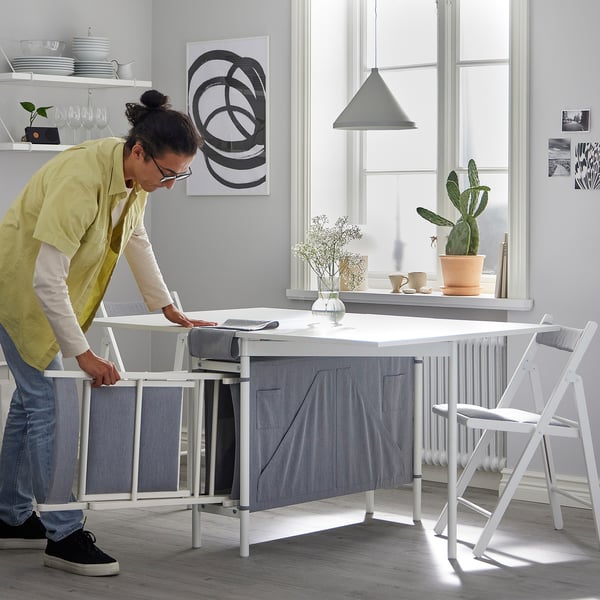 KALLHÄLL Mesa alas abatibles con almacenaje, blanco/gris claro, 33/89/145x98 cm