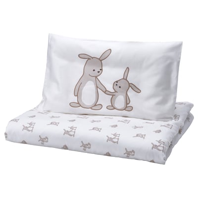 LEN Funda plumón y funda almohada cuna, blanco beige/Diseño de conejos, 110x125/35x55 cm