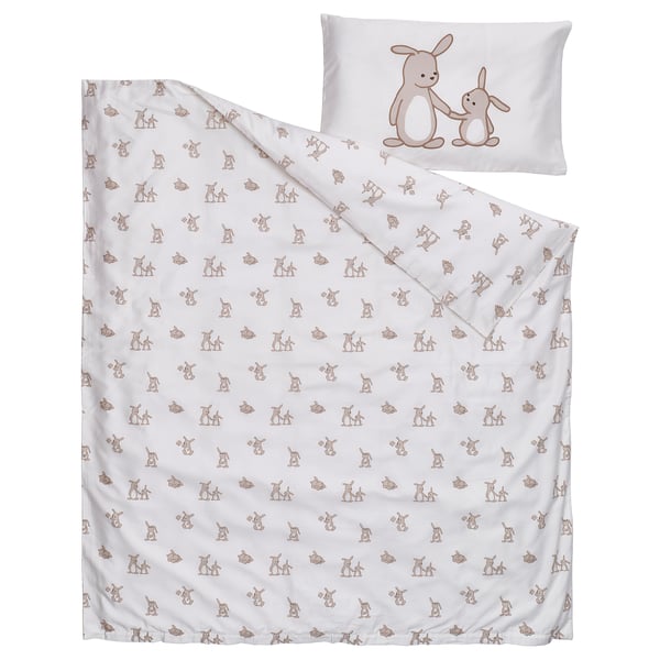 LEN Funda plumón y funda almohada cuna, blanco beige/Diseño de conejos, 110x125/35x55 cm