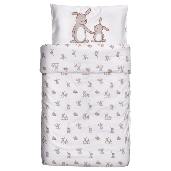 LEN Funda plumón y funda almohada cuna, blanco beige/Diseño de conejos, 110x125/35x55 cm