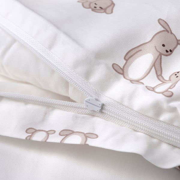 LEN Funda plumón y funda almohada cuna, blanco beige/Diseño de conejos, 110x125/35x55 cm