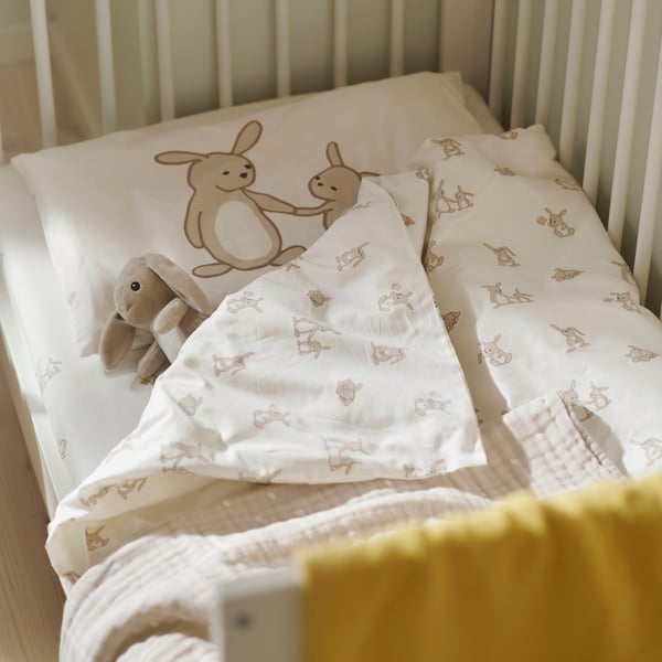 LEN Funda plumón y funda almohada cuna, blanco beige/Diseño de conejos, 110x125/35x55 cm