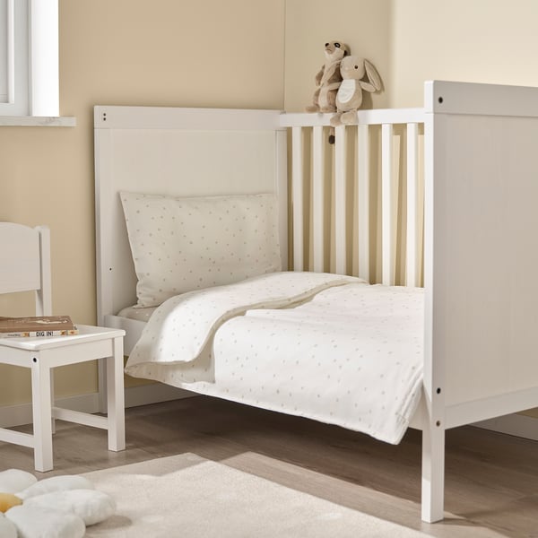 LEN Funda plumón y funda almohada cuna, blanco beige/motivo lunar, 110x125/35x55 cm