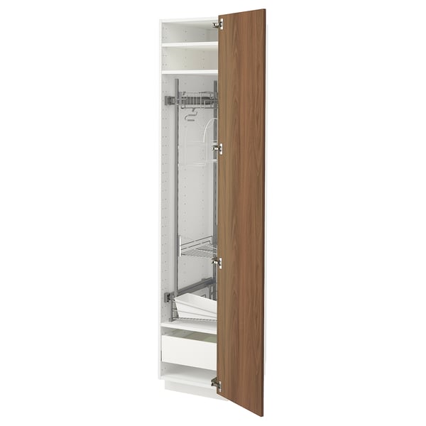 METOD / MAXIMERA Mueble alto organizador limpieza, blanco/Tistorp efecto nogal café, 40x60x200 cm