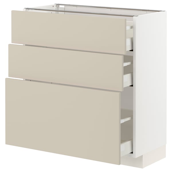 METOD / MAXIMERA Mueble base, 3 cajones, blanco/Havstorp beige, 80x37 cm