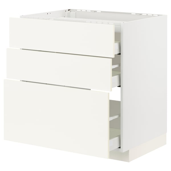 METOD / MAXIMERA Mueble base, 3 cajones, blanco/Vallstena blanco, 80x60 cm