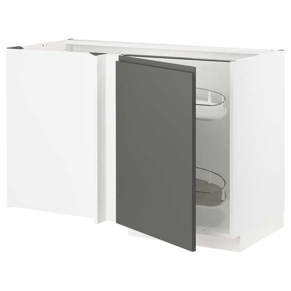 METOD Mueble esquinero repisas extraíbles, blanco/Voxtorp Gris oscuro, 128x68 cm
