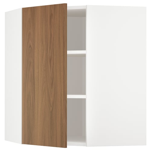 METOD Mueble mural esquinero con repisas, blanco/Tistorp efecto nogal café, 68x80 cm