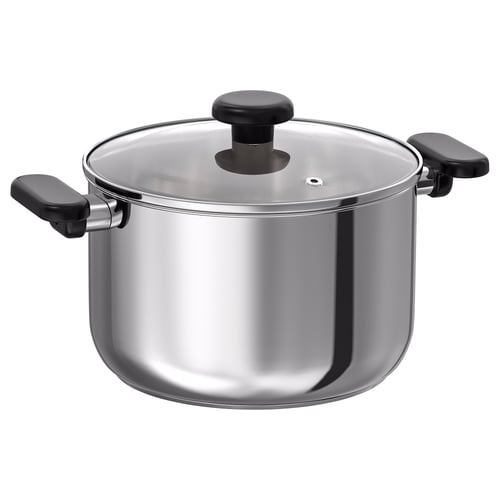 MIDDAGSMAT Olla con tapa, vidrio incoloro/acero inoxidable, 5 l