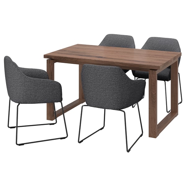 MÖRBYLÅNGA / TOSSBERG Juego de comedor con 4 sillas, chapa roble café acacia/metal gris oscuro, 140x85 cm