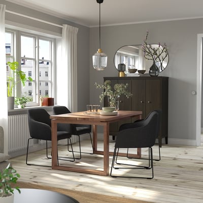 MÖRBYLÅNGA / TOSSBERG Juego de comedor con 4 sillas, chapa roble café acacia/metal gris oscuro, 140x85 cm