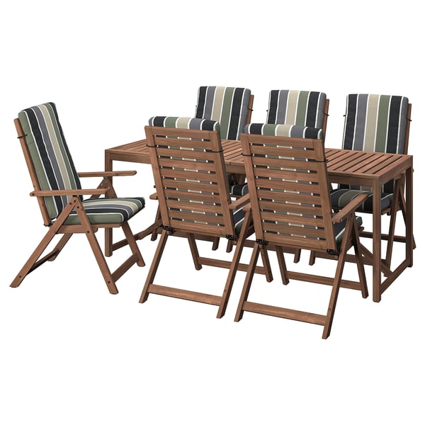 NÄMMARÖ Juego terraza 6 sillas reclinables, café/Frösön/Duvholmen diseño rayas, 200 cm