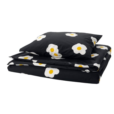 ÖGONLOCKSMAL Funda plumón con funda almohada, negro/blanco/amarillo, 150x200/50x60 cm