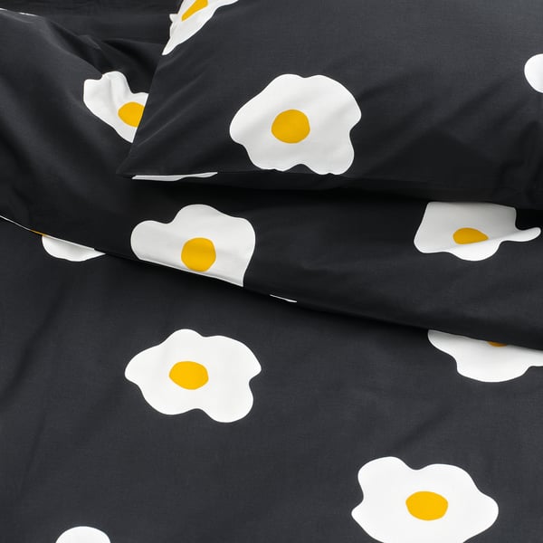 ÖGONLOCKSMAL Funda plumón con funda almohada, negro/blanco/amarillo, 150x200/50x60 cm