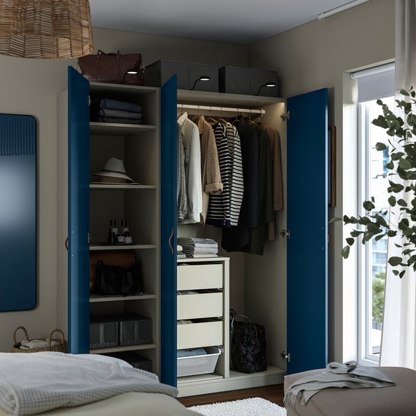 PAX / FYRUDDEN Combinación clóset, taupe/azul, 150x60x201 cm