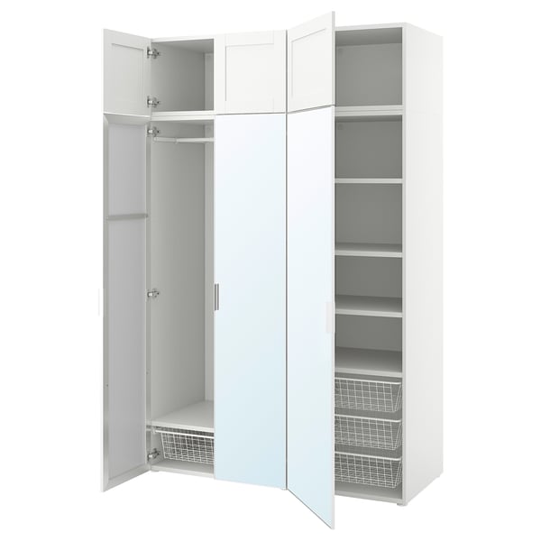 PLATSA Mueble 6 puertas, blanco STRAUMEN espejo/SANNIDAL blanco, 140x57x221 cm