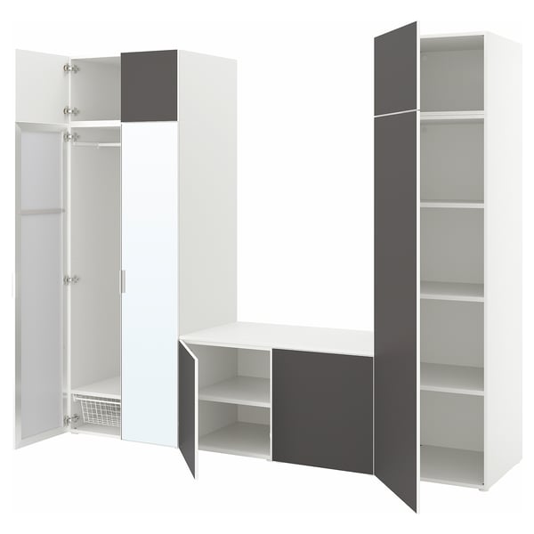 PLATSA Mueble 8 puertas, blanco STRAUMEN espejo/SKATVAL gris oscuro, 260x57x221 cm