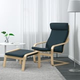 POÄNG Sillón con apoyapiés, chapa abedul/Hillared azul oscuro