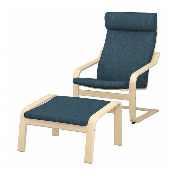 POÄNG Sillón con apoyapiés, chapa abedul/Hillared azul oscuro