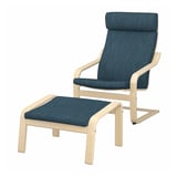 POÄNG Sillón con apoyapiés, chapa abedul/Hillared azul oscuro