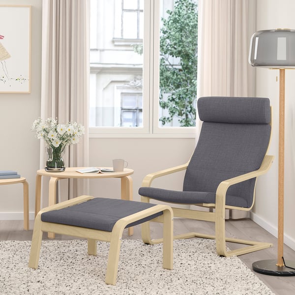 POÄNG Sillón con apoyapiés, chapa abedul/Skiftebo gris osc
