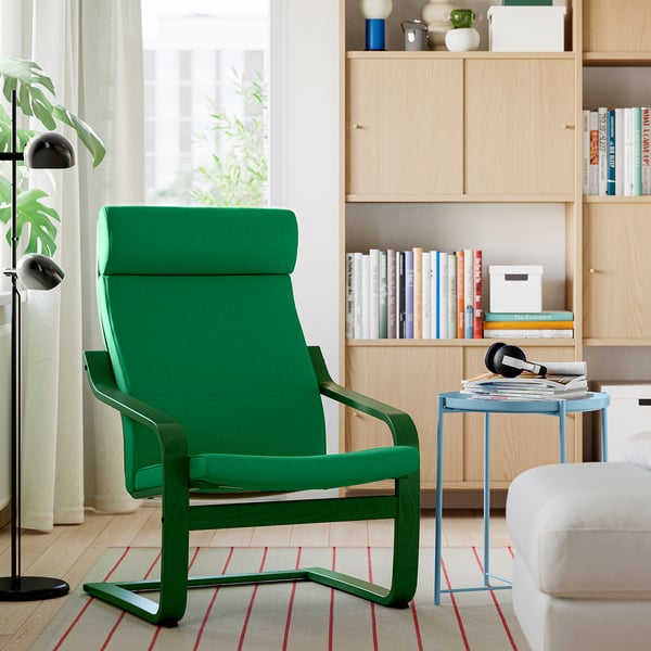 POÄNG Sitial, chapa abedul/Vissle verde oscuro