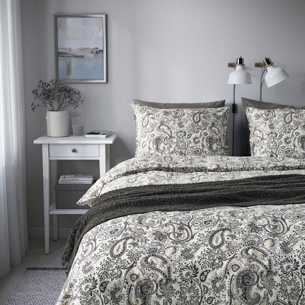 RODGERSIA Funda plumón con funda almohada, gris/blanco, 150x200/50x60 cm