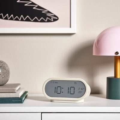 RÖDSTRÄFSE Reloj despertador + termohigrómetro, beige, 17x8x6 cm