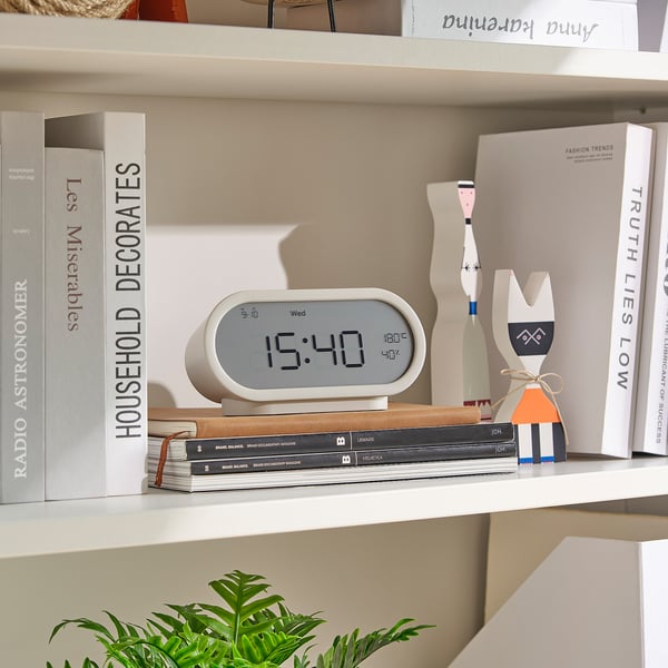 RÖDSTRÄFSE Reloj despertador + termohigrómetro, beige, 17x8x6 cm