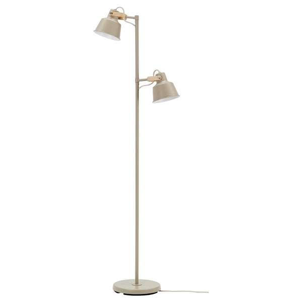 SJÖMAKT Lámpara de pie, 2 focos, beige/fresno