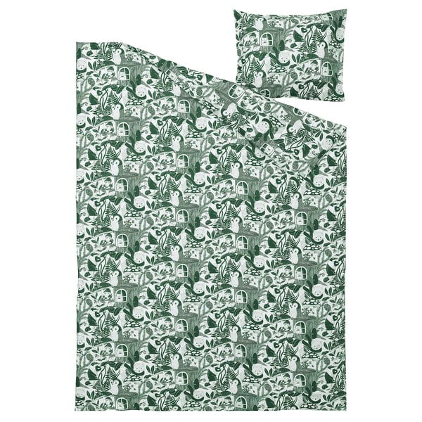 SKOGSDUVA Funda plumón con funda almohada, blanco verde/bosque, 150x200/50x60 cm